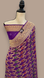 Pure Georgette Banarasi Bandhej Handloom Saree - with meenakari work - The Handlooms