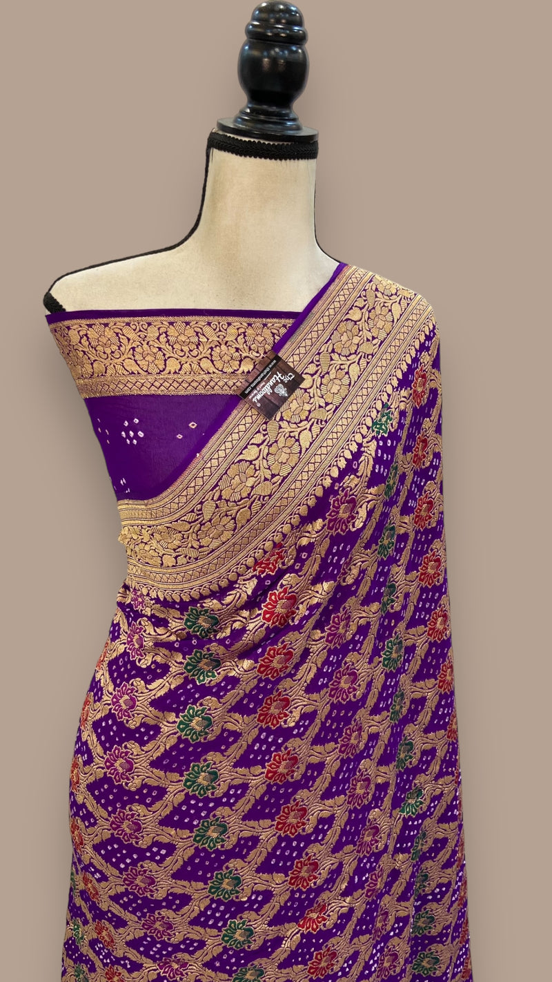 Pure Georgette Banarasi Bandhej Handloom Saree - with meenakari work - The Handlooms