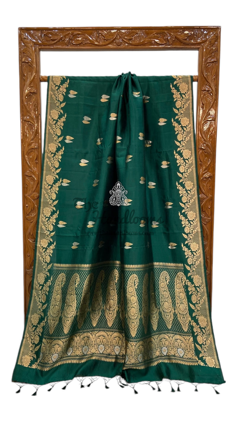 Green Pure Katan Silk Banarasi Handloom Saree - All over Kadua motifs - The Handlooms