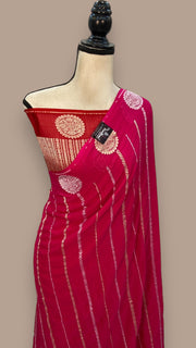 Hot Pink Pure Khaddi Georgette Handloom Banarasi Saree - All over sona roopa stripes - The Handlooms