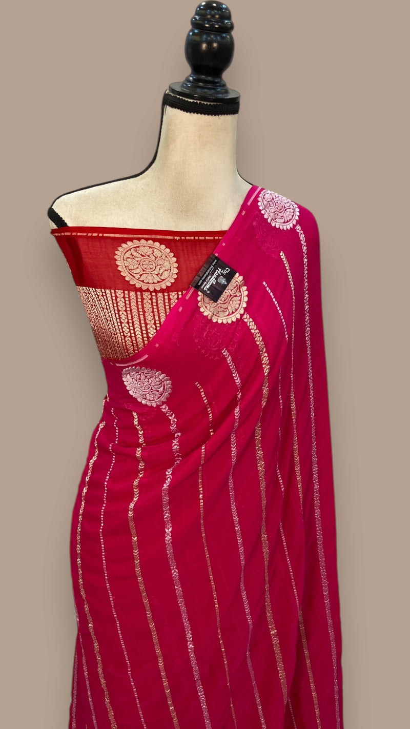 Hot Pink Pure Khaddi Georgette Handloom Banarasi Saree - All over sona roopa stripes - The Handlooms