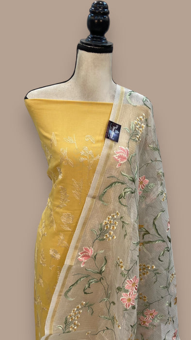 Pure Chanderi Cotton Banarasi Dress material - Chikankari With Organza Dupatta