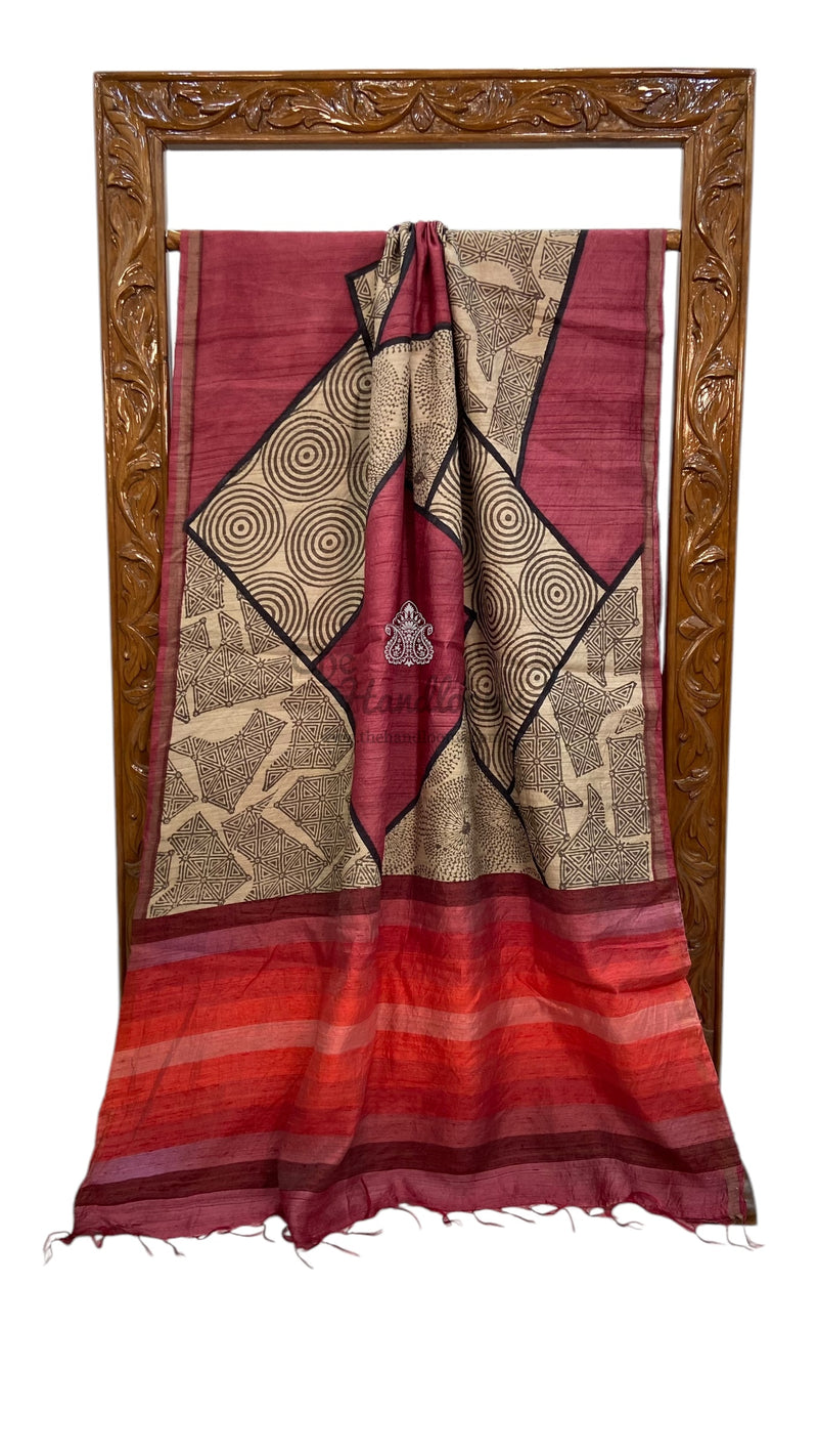 Pure Tussar Silk Handloom Banarasi Saree With Handprints - The Handlooms