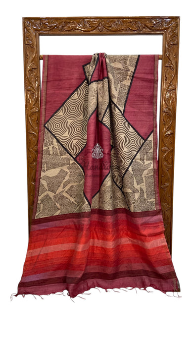 Pure Tussar Silk Handloom Banarasi Saree With Handprints