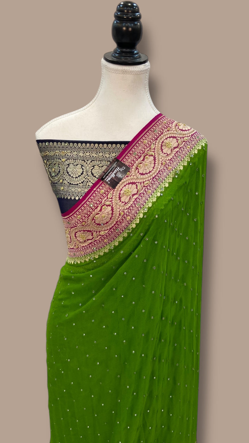 Khaddi Georgette Handloom Banarasi Saree with Handwork: Gota Patti, Zardozi, Diamond Chain, Katdana, and Abla Detailing - The Handlooms