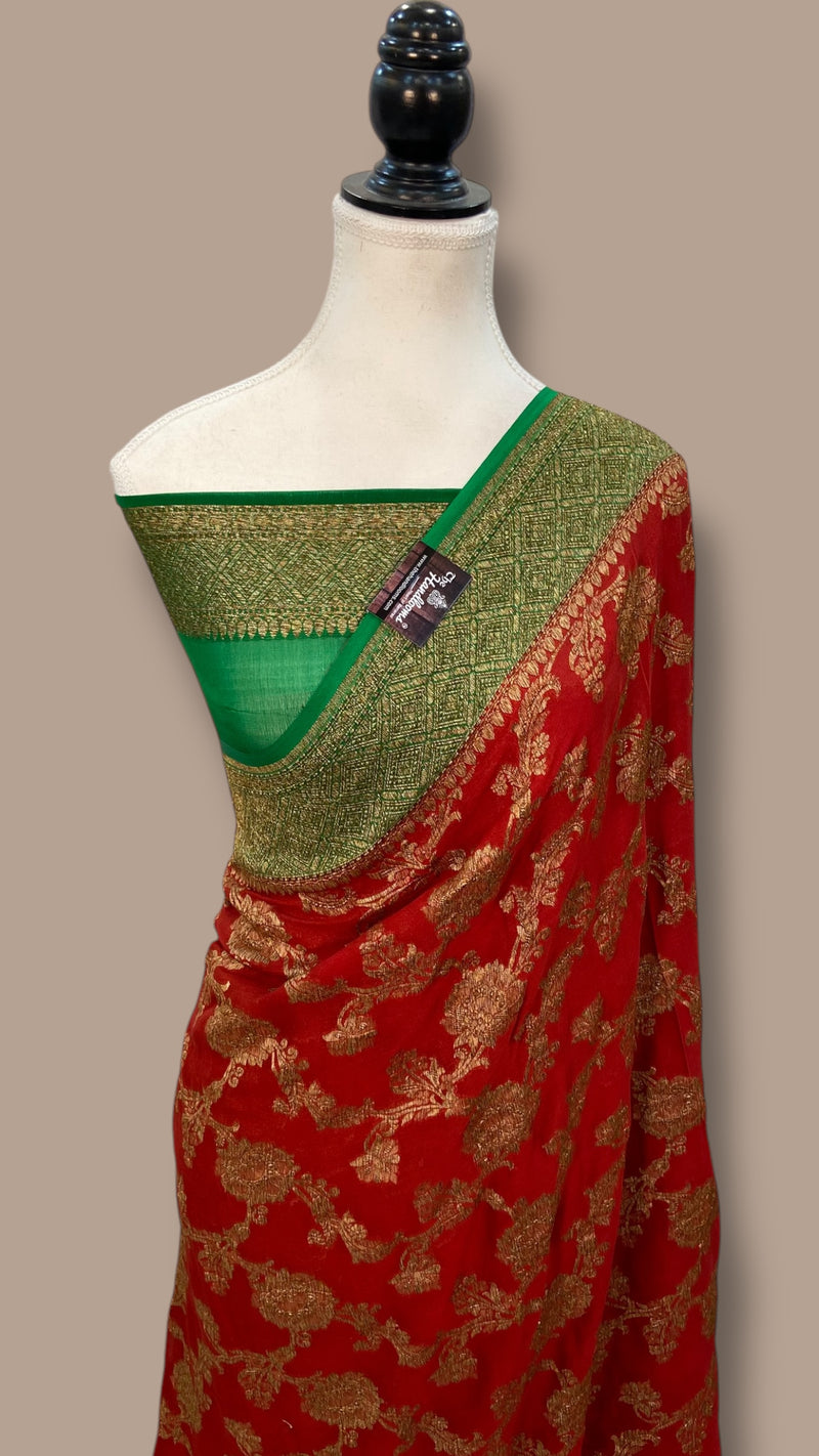 Khaddi Georgette Handloom Banarasi Saree - Antique Zari - The Handlooms