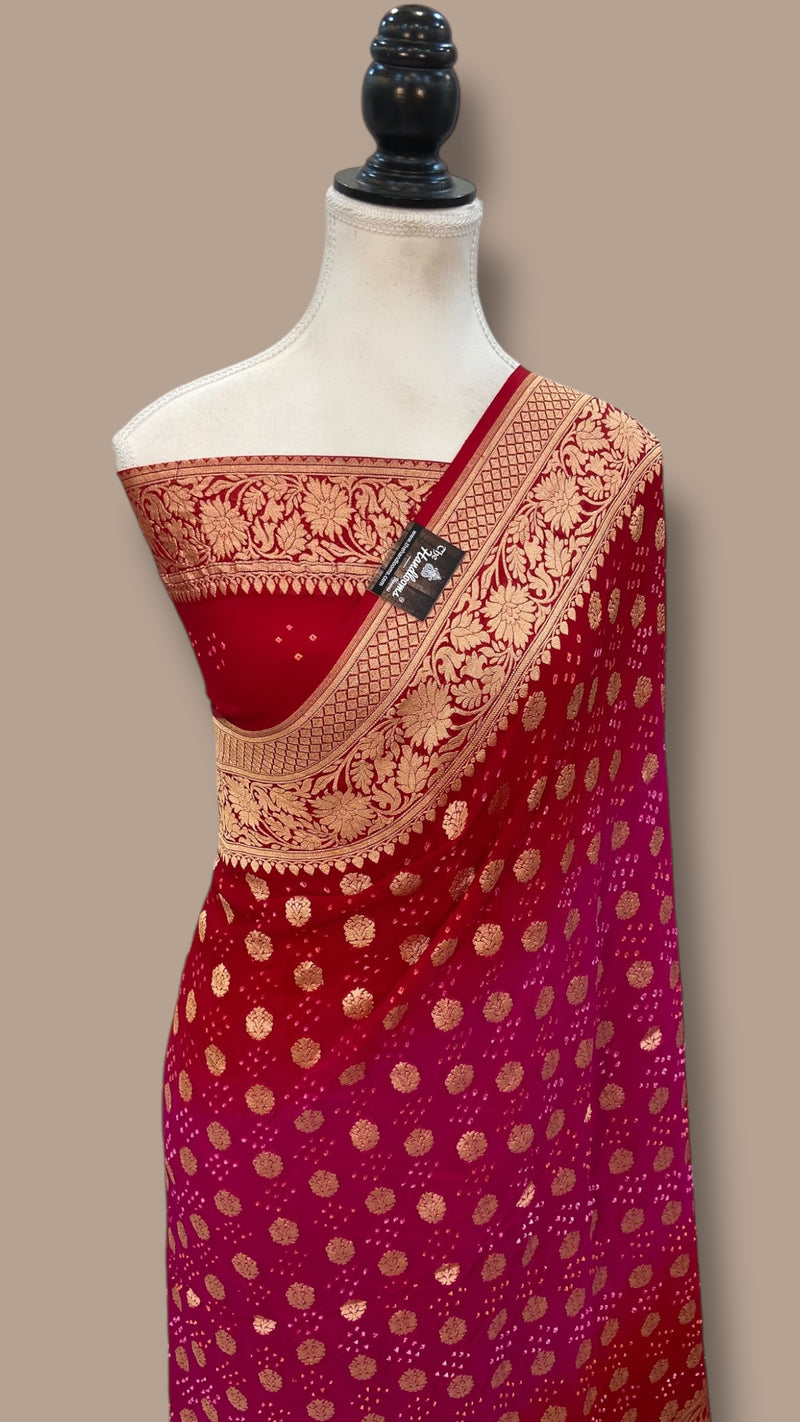 Dual Shade Pure Georgette Banarasi Bandhej Handloom Saree - The Handlooms