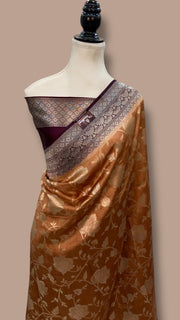 Copper Rust With Coffee Bean Pure Chiniya Silk Khaddi Handloom Banarasi Saree - The Handlooms