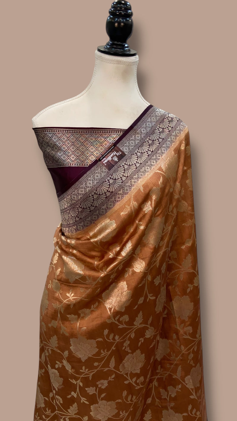 Copper Rust With Coffee Bean Pure Chiniya Silk Khaddi Handloom Banarasi Saree - The Handlooms