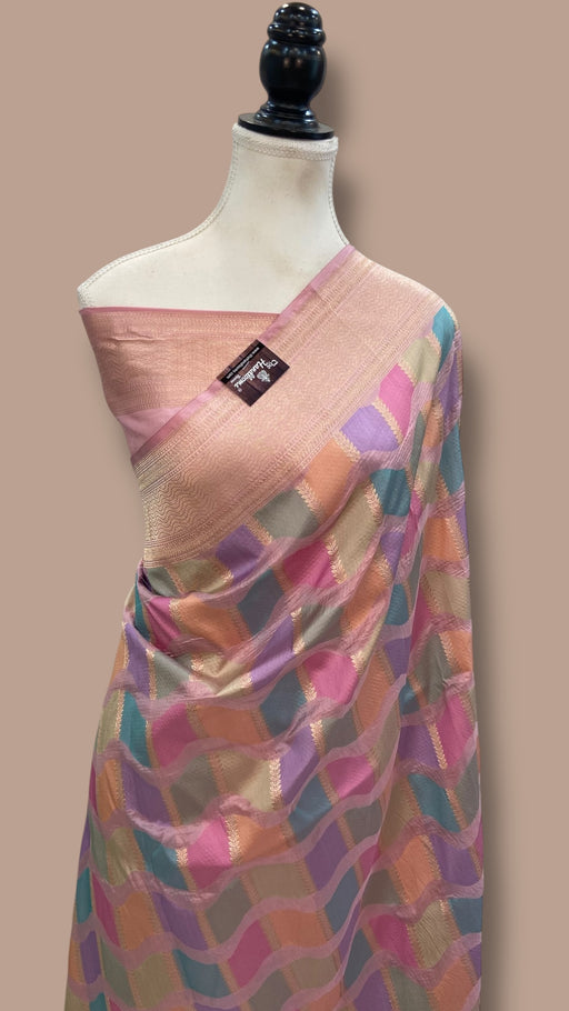 Multicolor Pure Katan Silk Banarasi Handloom Saree - All over Jaal Work With Rangkart - The Handlooms