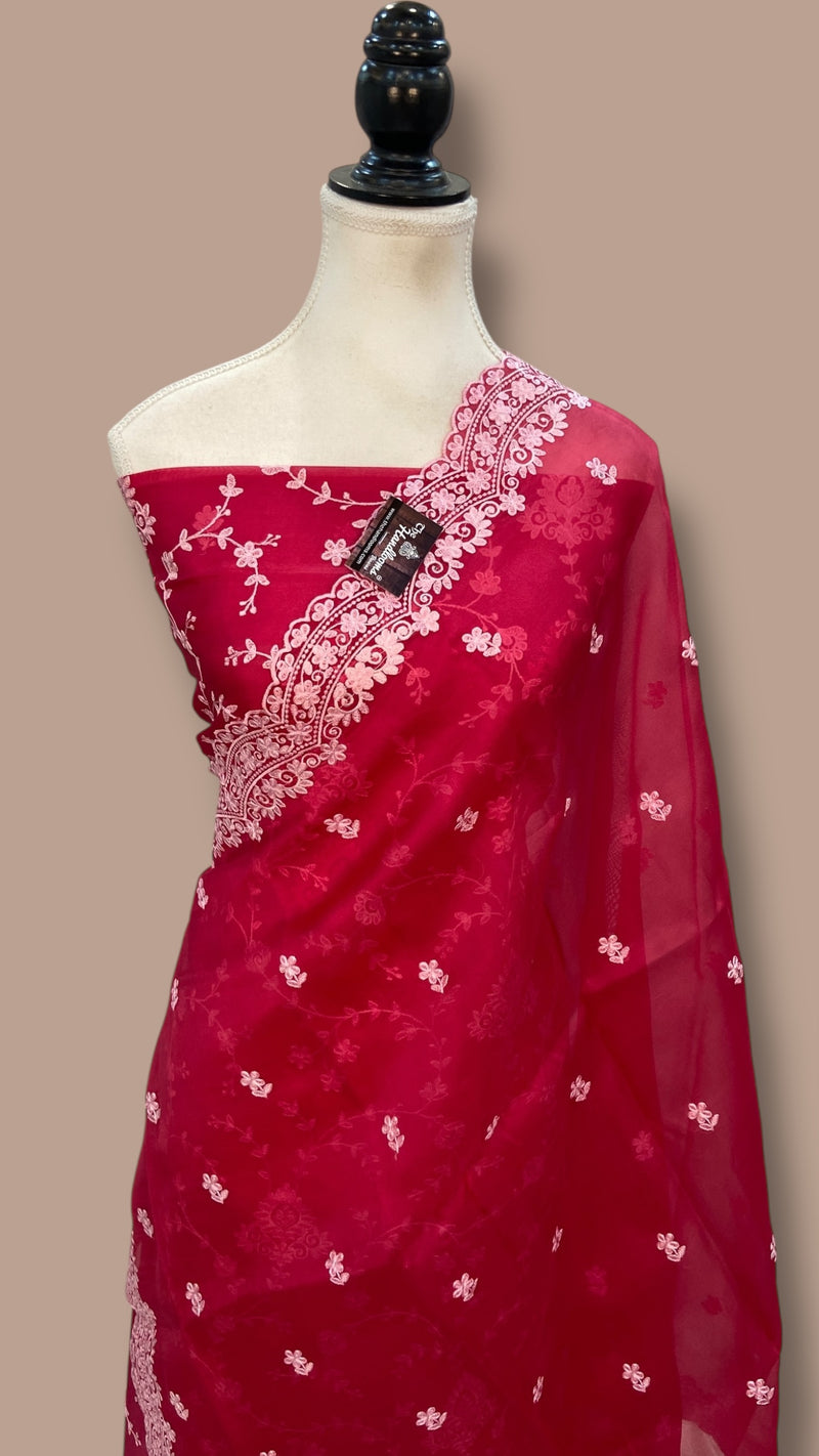 Pure Organza Chikankari Handloom Banarasi Dress Material - The Handlooms
