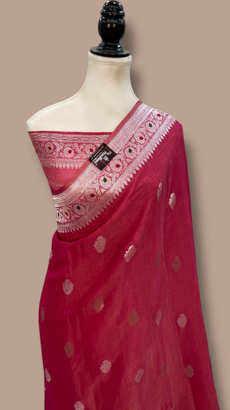 Handloom Banarasi Khaddi Georgette Tissue Saree | All-Over Sona Roopa Kadua Motifs & Meenakari - The Handlooms