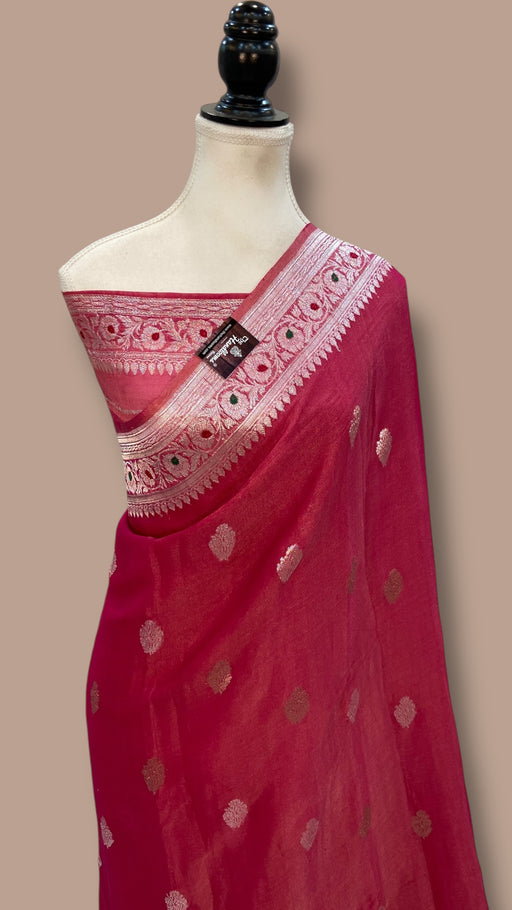 Handloom Banarasi Khaddi Georgette Tissue Saree | All-Over Sona Roopa Kadua Motifs & Meenakari - The Handlooms