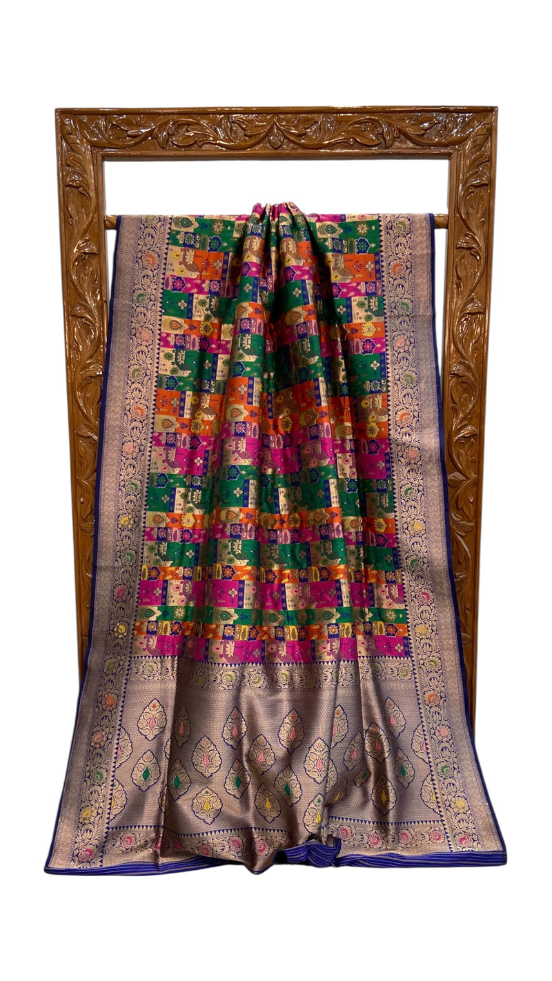 Multicolor Pure Katan Silk Banarasi Handloom Saree - All over Jaal Work With Rangkart - The Handlooms