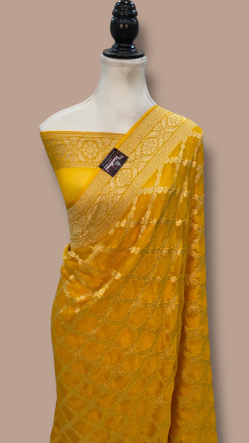 Pure Khaddi Georgette Handloom Banarasi Saree - Gold Zari - The Handlooms