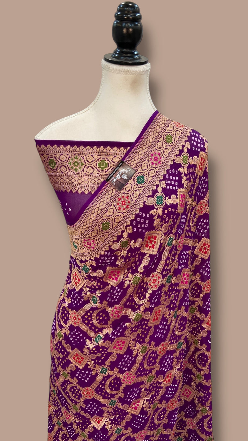 Pure Georgette Banarasi Bandhej Handloom Saree - Meenakari - The Handlooms