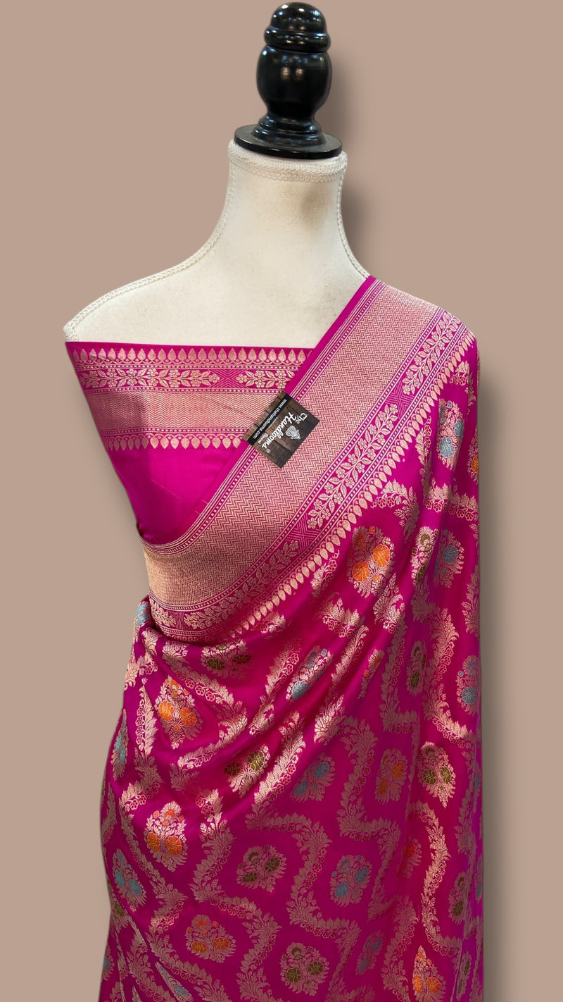 Pure Katan Silk Banarasi Handloom Saree - All over Jaal Work With Meenakari