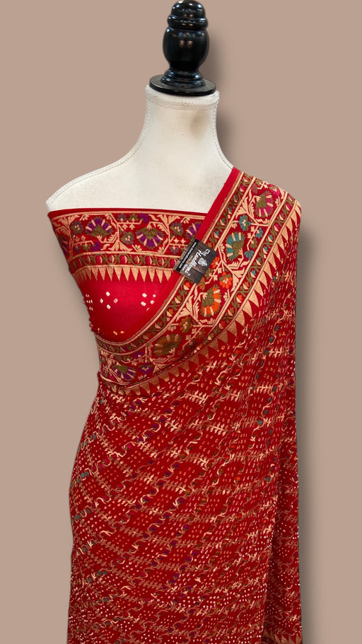 Pure Georgette Banarasi Bandhej Handloom Saree - Meenakari - The Handlooms