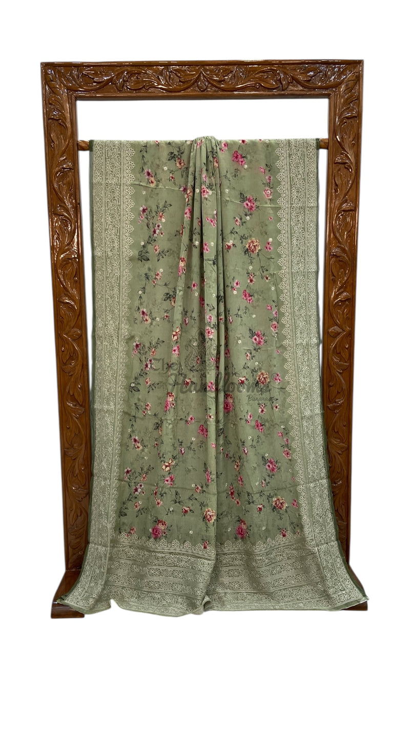 Pure Georgette Handloom Banarasi Saree - Digital Print With Chikankari - The Handlooms