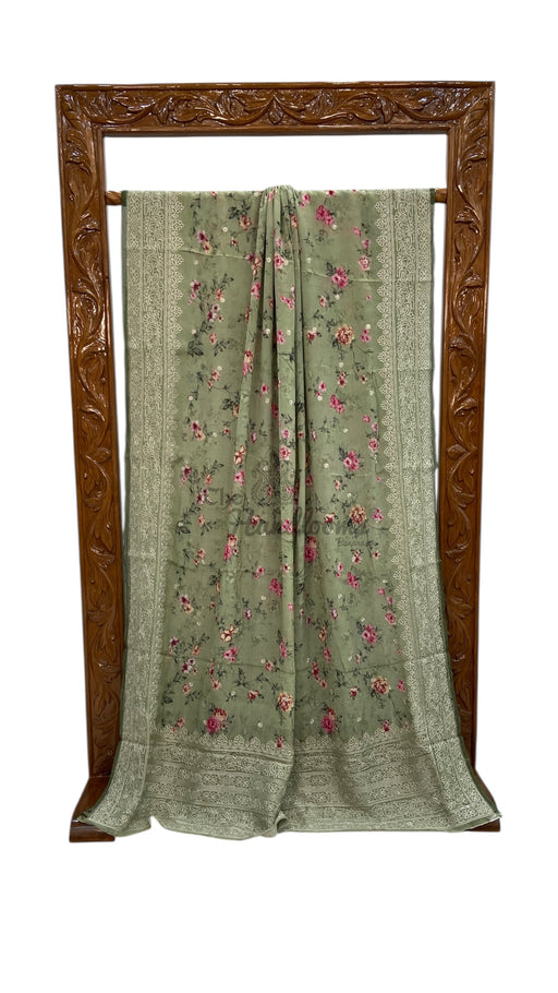 Pure Georgette Handloom Banarasi Saree - Digital Print With Chikankari - The Handlooms