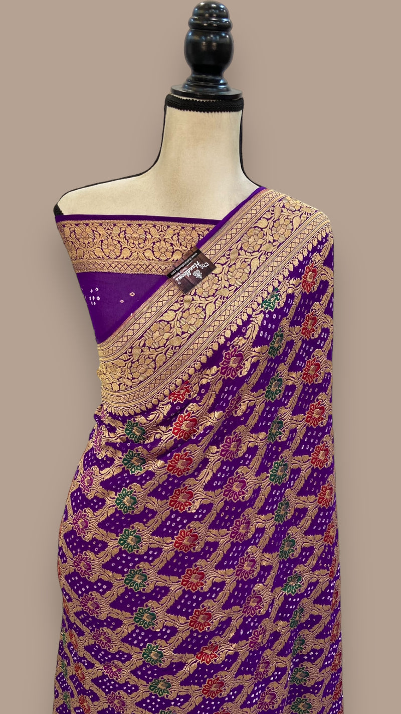 Pure Georgette Banarasi Bandhej Handloom Saree - with meenakari work - The Handlooms