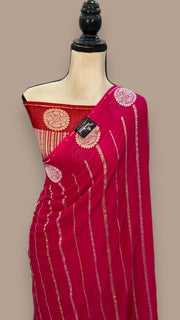 Hot Pink Pure Khaddi Georgette Handloom Banarasi Saree - All over sona roopa stripes - The Handlooms