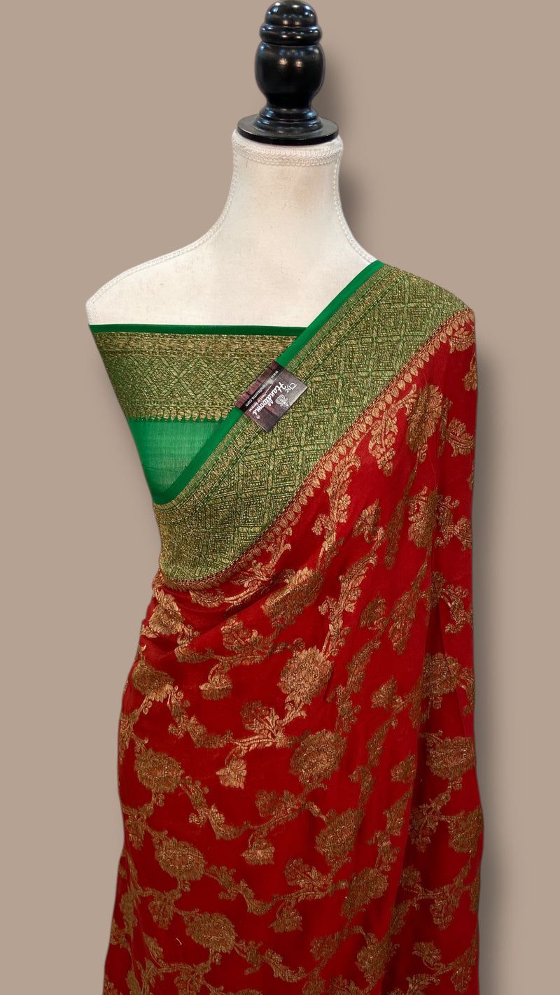 Khaddi Georgette Handloom Banarasi Saree - Antique Zari - The Handlooms