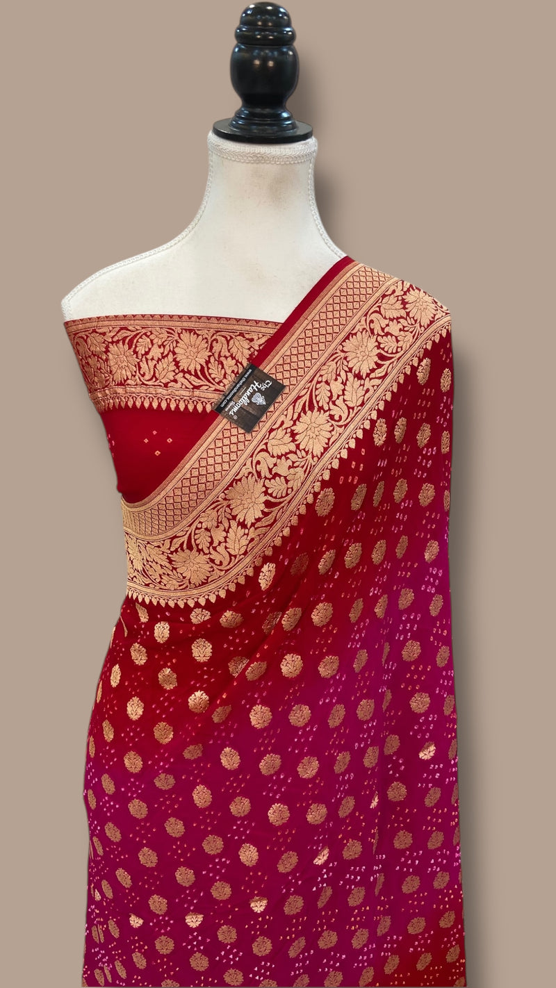 Dual Shade Pure Georgette Banarasi Bandhej Handloom Saree - The Handlooms