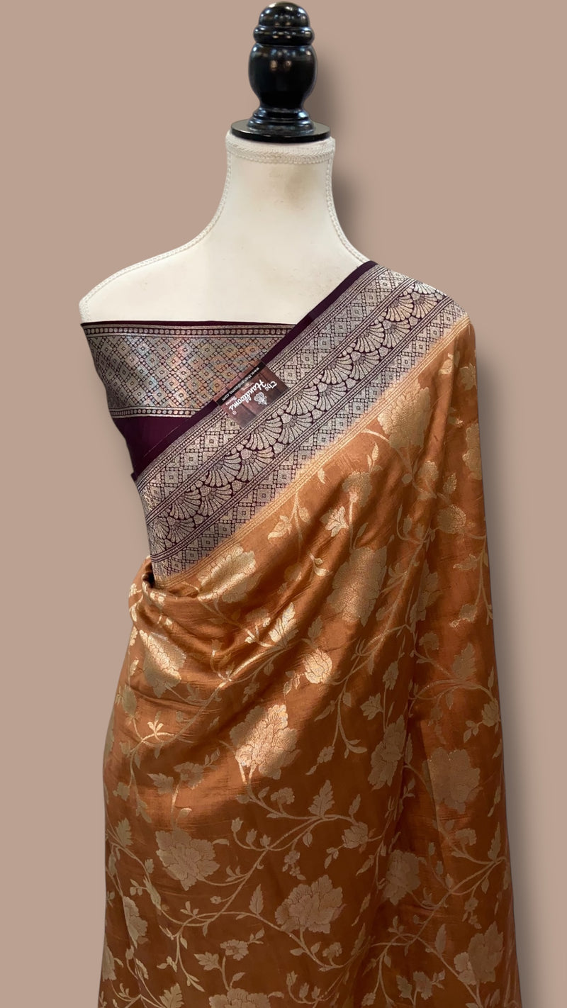 Copper Rust With Coffee Bean Pure Chiniya Silk Khaddi Handloom Banarasi Saree - The Handlooms
