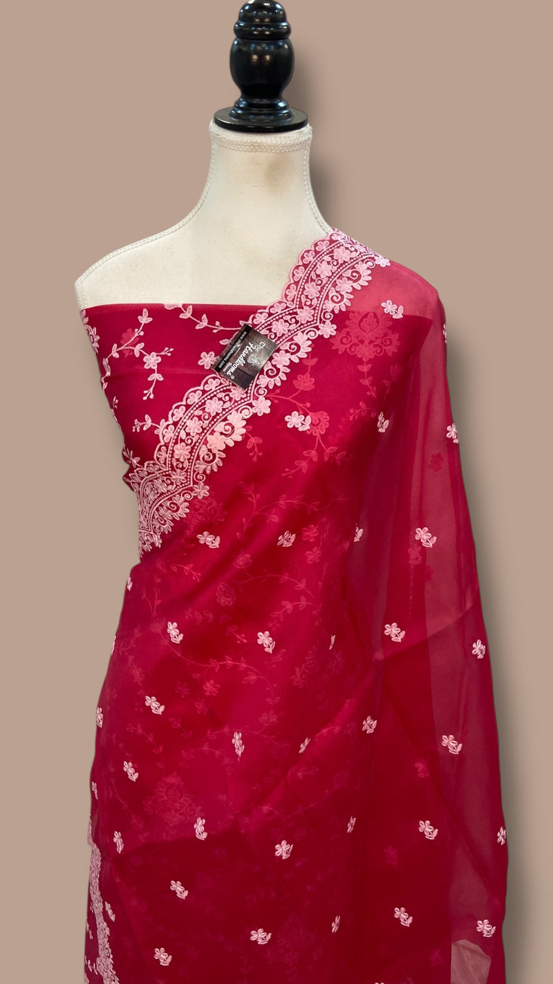 Pure Organza Chikankari Handloom Banarasi Dress Material - The Handlooms