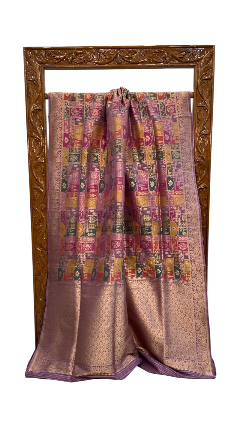 Multicolor Pure Katan Silk Banarasi Handloom Saree - All over Jaal Work With Rangkart - The Handlooms