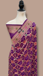 Pure Georgette Banarasi Bandhej Handloom Saree - Meenakari - The Handlooms