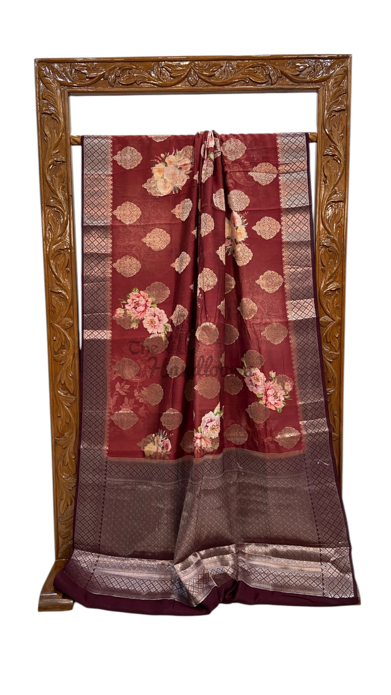 Pure Chiniya Silk Handloom Banarasi Saree Digital Print - The Handlooms