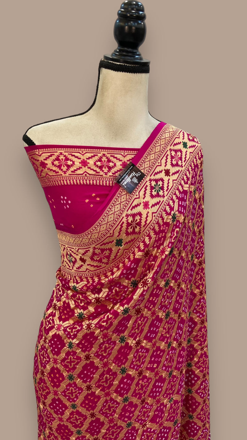 Pure Georgette Banarasi Bandhej Handloom Saree - with meenakari work - The Handlooms