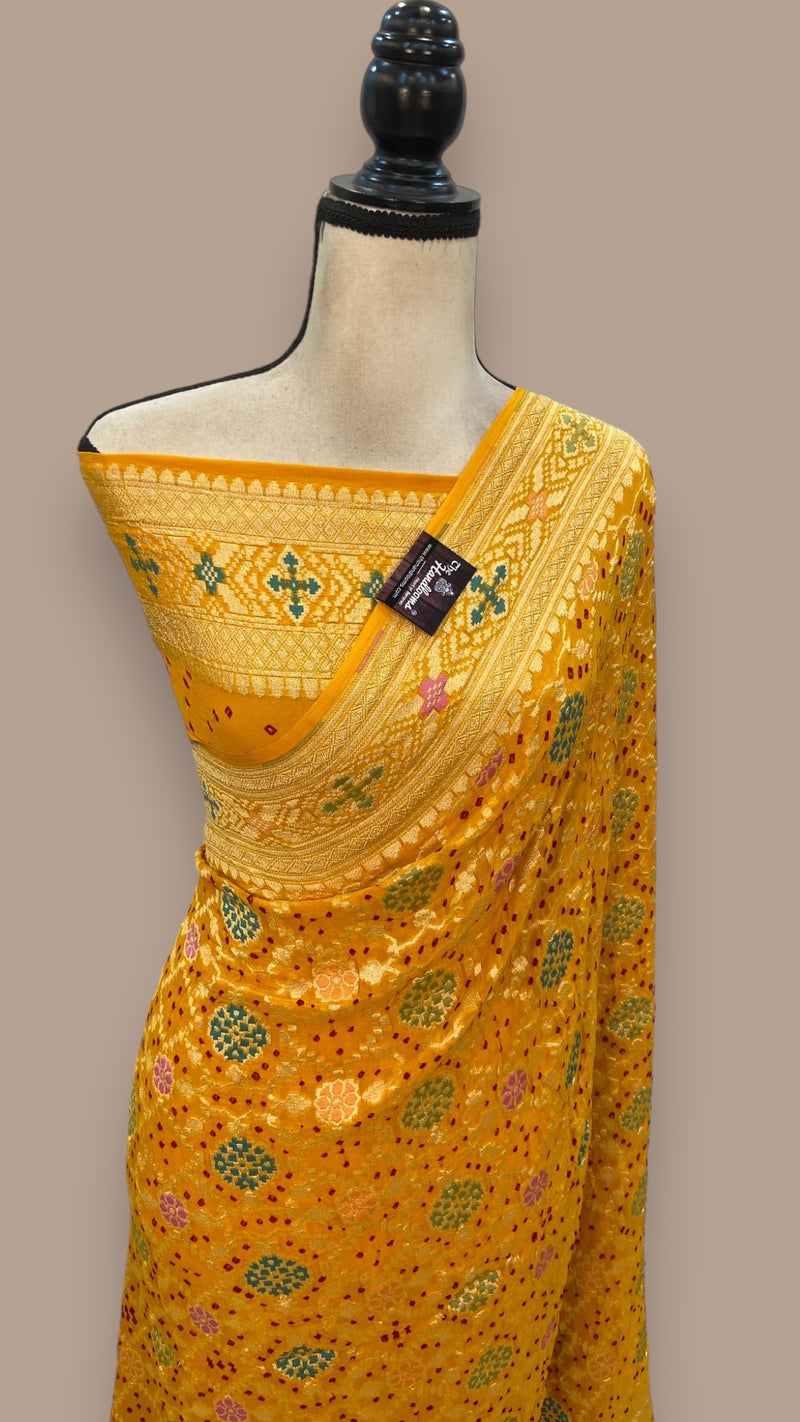 Pure Georgette Banarasi Bandhej Handloom Saree - with meenakari work - The Handlooms