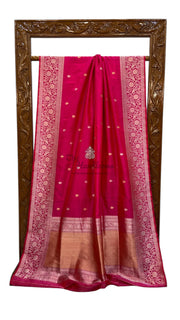 Hot Pink Pure Katan Silk Banarasi Handloom Saree - All over Kadua motifs - The Handlooms