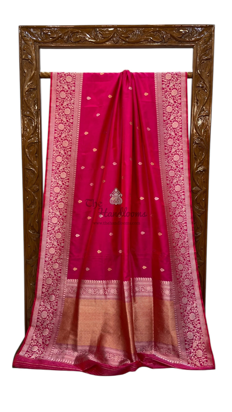 Hot Pink Pure Katan Silk Banarasi Handloom Saree - All over Kadua motifs - The Handlooms
