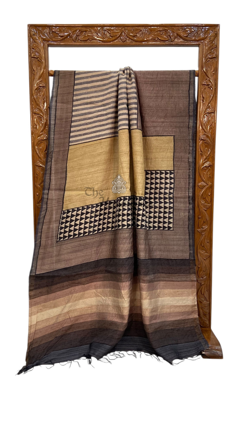 Pure Tussar Silk Handloom Banarasi Saree With Handprints - The Handlooms