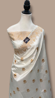 White Pure Katan Silk Banarasi Handloom Saree - All over Kadua motifs - The Handlooms