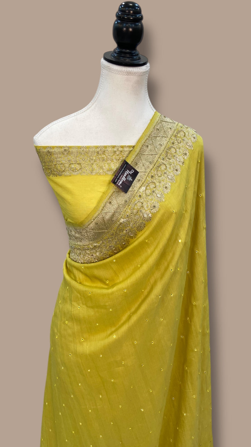 Pure Moonga Georgette Handloom Banarasi Saree with Handwork: Gota Patti, Zardozi, Diamond Chain, Katdana, and Abla Detailing - The Handlooms