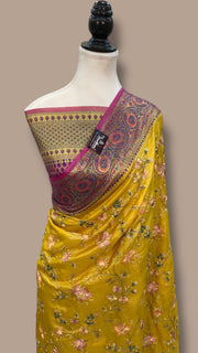 Yellow Pure Tussar Silk Handloom Banarasi Saree With Chikankari - The Handlooms