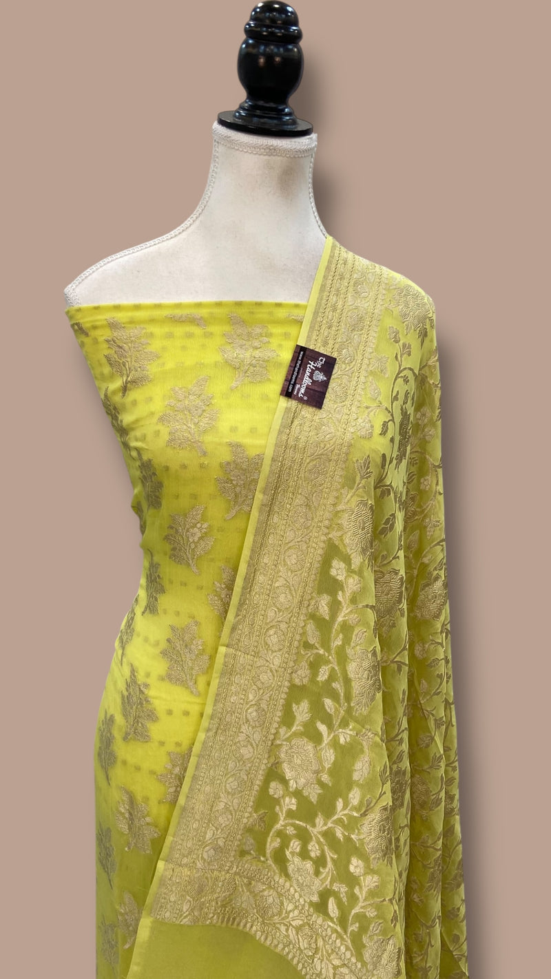 Yellow Khaddi Georgette Banarasi Dress material Water Zari - The Handlooms