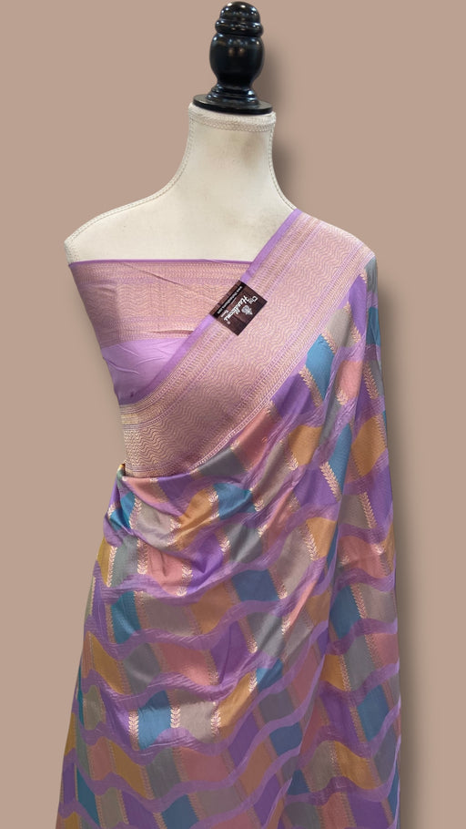 Multicolor Pure Katan Silk Banarasi Handloom Saree - All over Jaal Work With Rangkart - The Handlooms