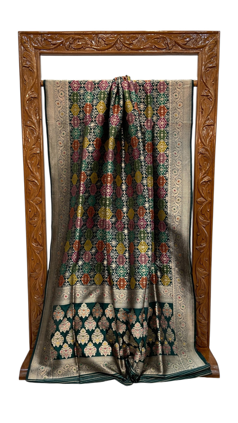 Multicolor Pure Katan Silk Banarasi Handloom Saree - All over Jaal Work With Rangkart - The Handlooms