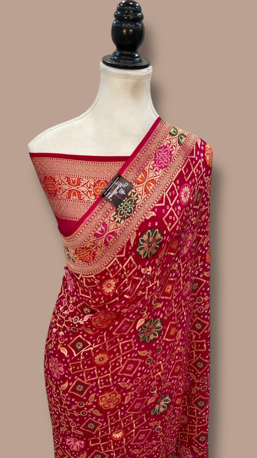 Pure Georgette Banarasi Bandhej Handloom Saree - Meenakari - The Handlooms