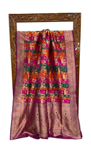 Multicolor Pure Katan Silk Banarasi Handloom Saree - All over Jaal Work With Rangkart - The Handlooms