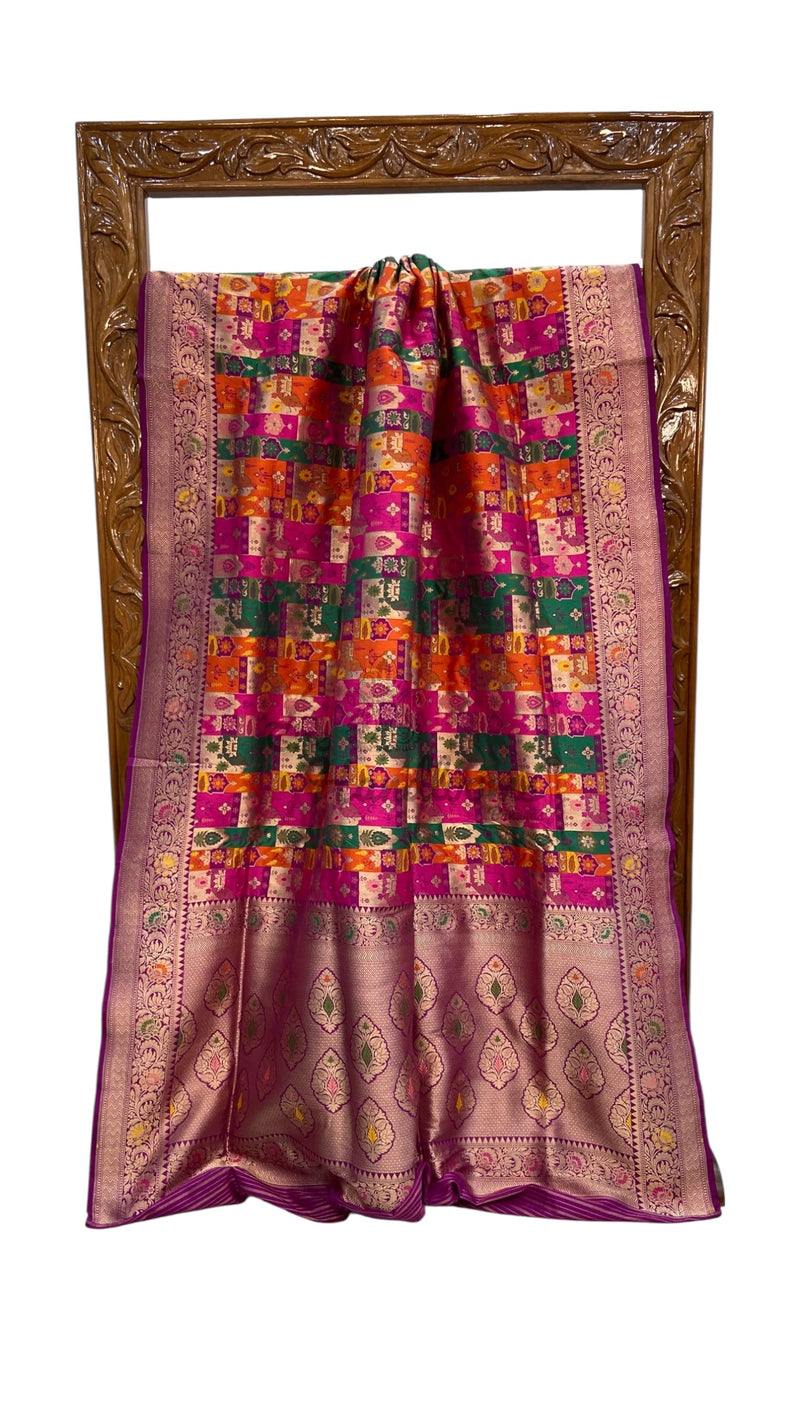 Multicolor Pure Katan Silk Banarasi Handloom Saree - All over Jaal Work With Rangkart - The Handlooms