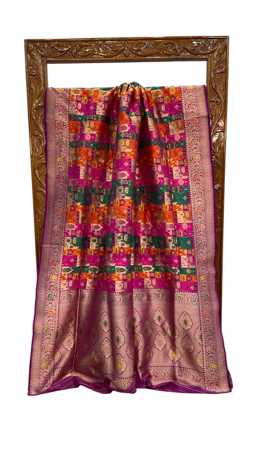 Multicolor Pure Katan Silk Banarasi Handloom Saree - All over Jaal Work With Rangkart - The Handlooms