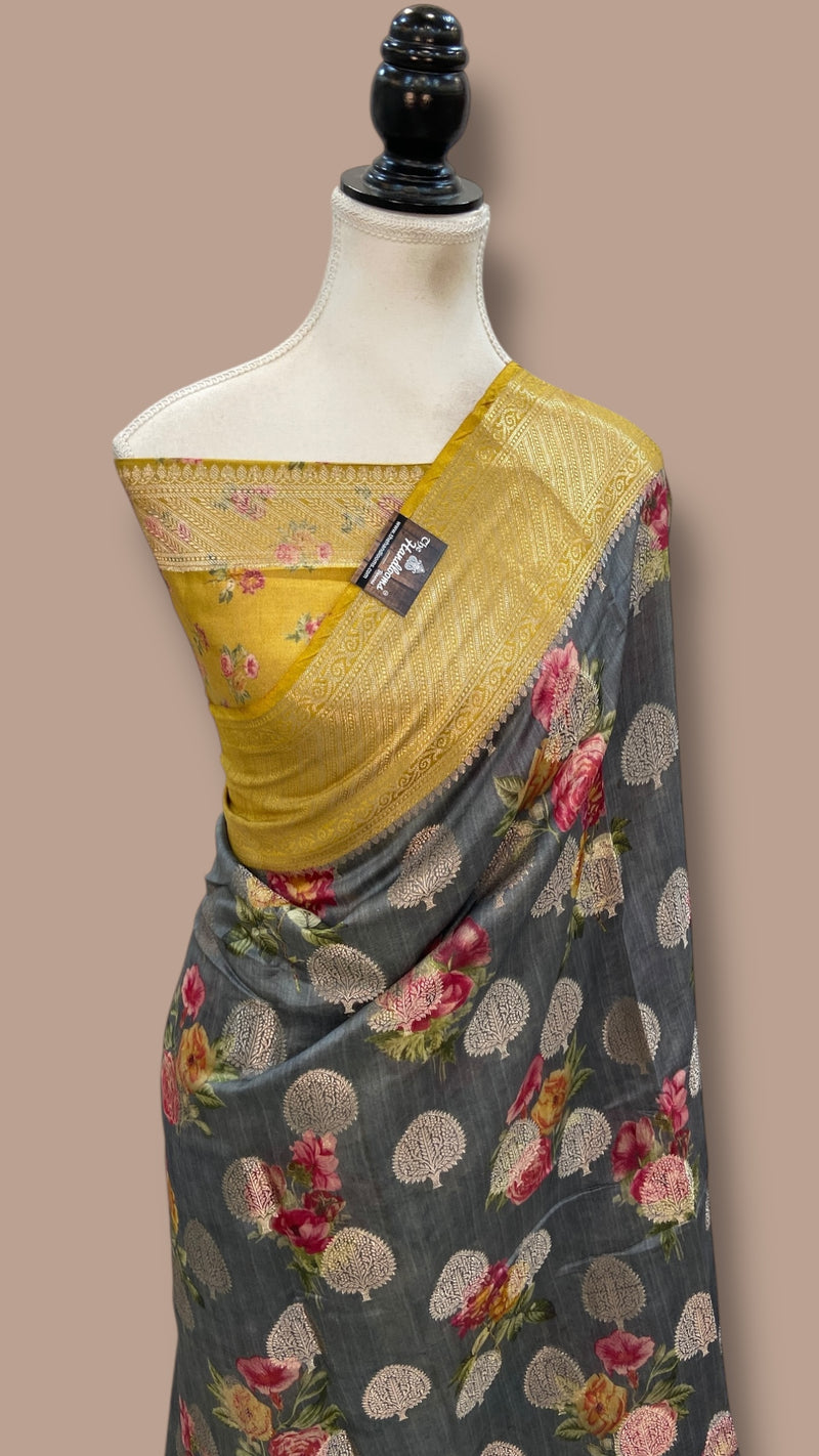 Pure Chiniya Silk Handloom Banarasi Saree Digital Print - The Handlooms