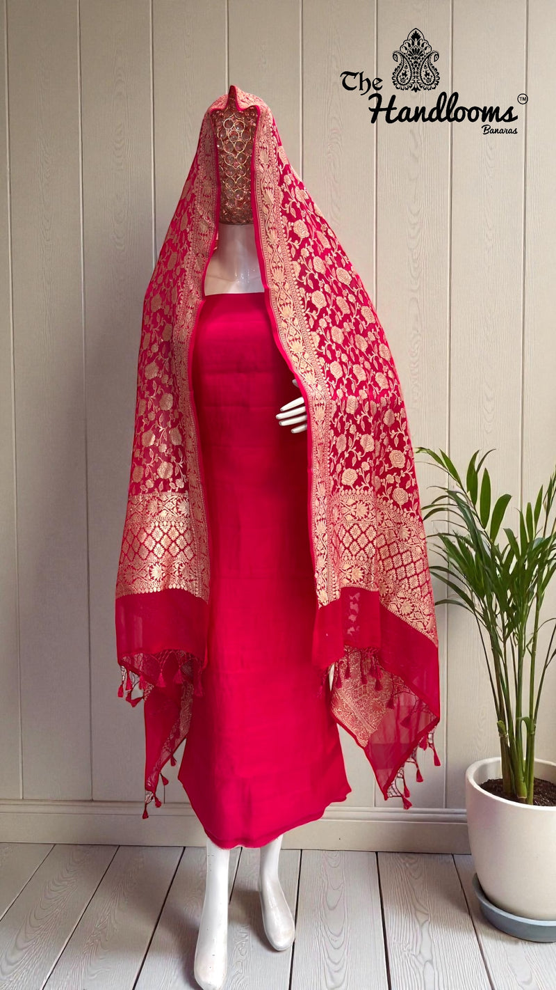 Chiniya Silk Suit With Khaddi Georgette Dupatta - The Handlooms